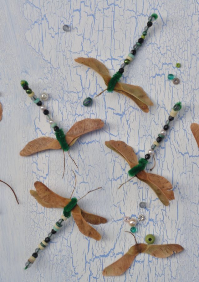 Basteln mit Kindern im Herbst: Libellen aus Ahornsamen und Pfeifenputzern. Süße Idee die man leicht mit Perlen, Bügelperlen und anderen Materialien verändern kann. 