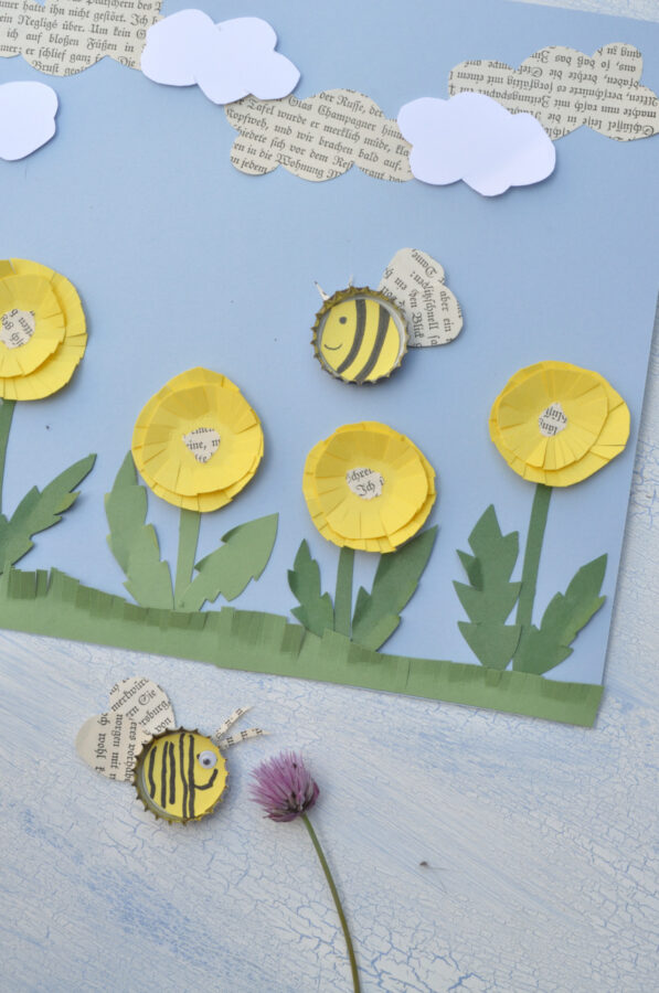 Bienen-Spiel-Bild - Aus Kronkorken und Magneten basteln wir fliegende Kronkorkenbienchen. Diese lassen sich über das Bild schieben und fliegen munter umher. 