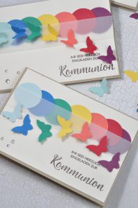 Wenn das Kommunion-Motto Regenbogen lautet, dürfen die Einladungskarten natürlich auch in den Regenbogenfarben leuchten. Auf dem Blog habe ich zwei Regenbogen-Karten zur Inspiration.