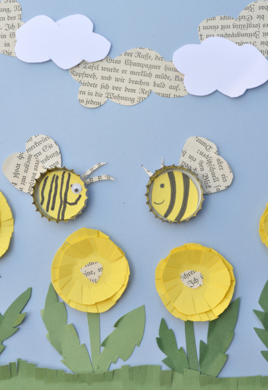 Bienen-Spiel-Bild - Aus Kronkorken und Magneten basteln wir fliegende Kronkorkenbienchen. Diese lassen sich über das Bild schieben und fliegen munter umher.